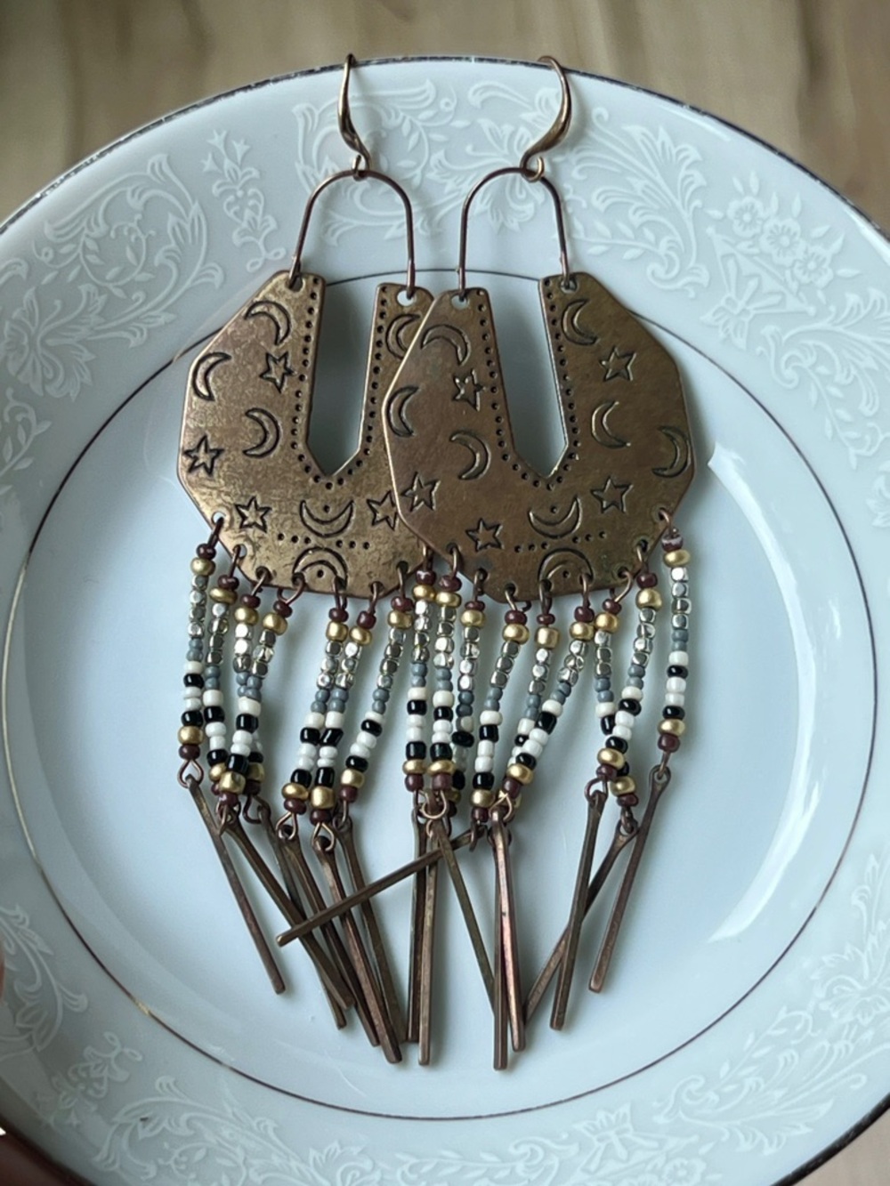Celestial Brass Boho Chandelier Earrings Moon & Stars Beaded Fringe